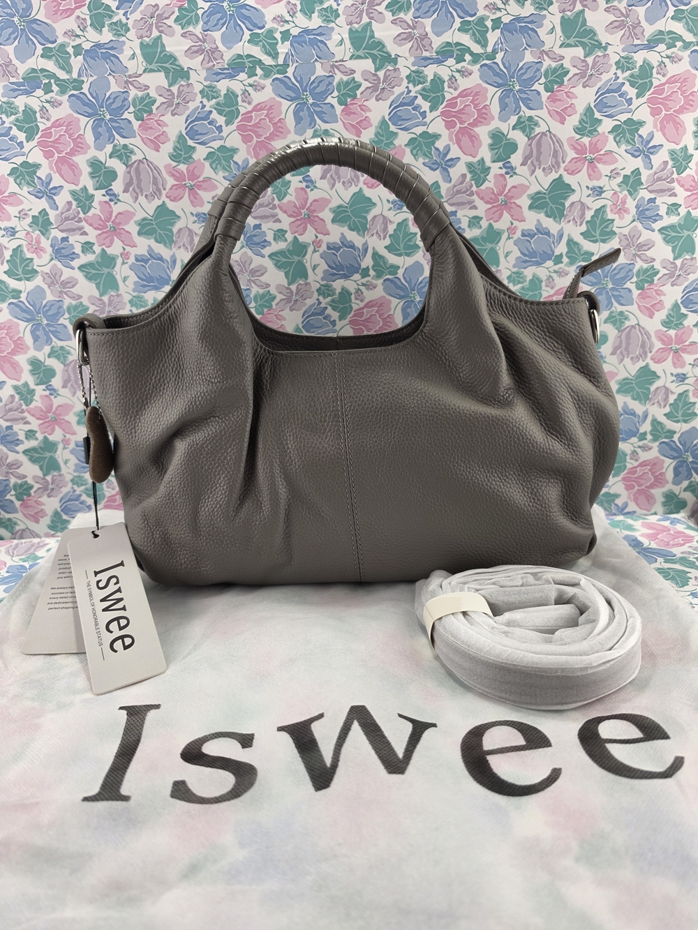 Iswee Grey Pebbled Leather Satchel Hobo Shoulder Bag Crossbody NWT + Dust Bag
